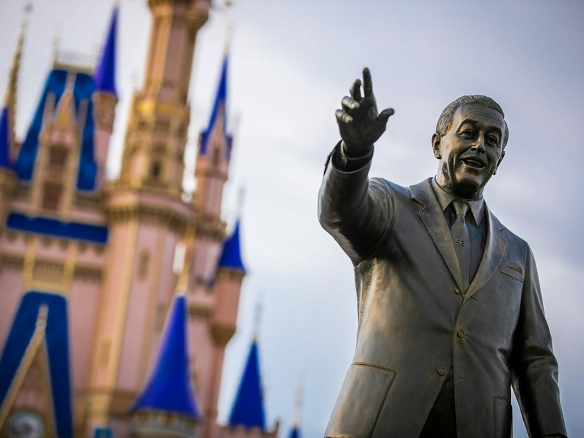 caption: A federal judge dismissed the Walt Disney Company's lawsuit against Fla. Gov. Ron DeSantis. Disney sued after DeSantis and state lawmakers removed its self-governing status in 2023. This handout photo provided by Walt Disney World Resort in Lake Buena Vista, Fla., shows the Cinderella Castle inside Magic Kingdom Park.