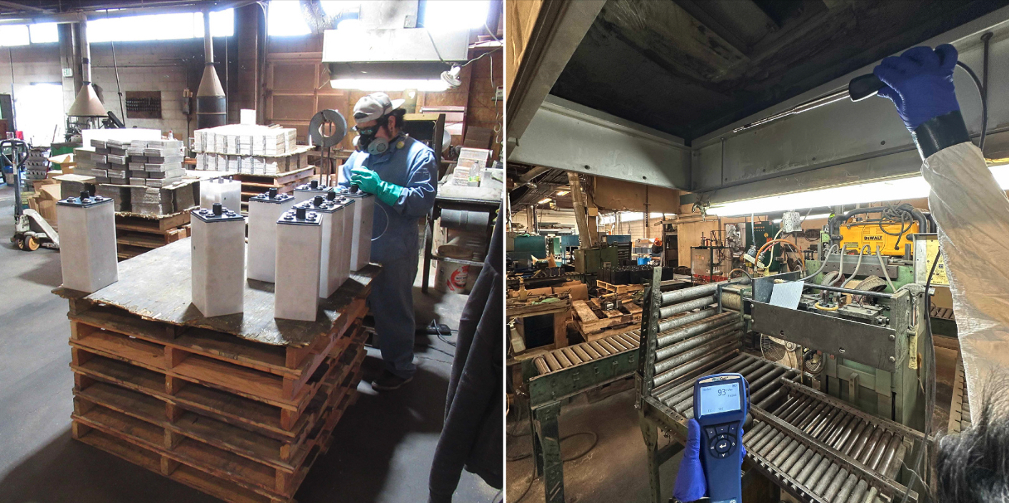 caption: At left, a worker in the production area at Seattle-based Dyno Battery. Stacks of lead plates can be seen in the background. Right, an air shower that was supposed to clean the lead out of the air was instead blowing even more toxic dust onto the workers, according to the state Department of Labor and Industries. 