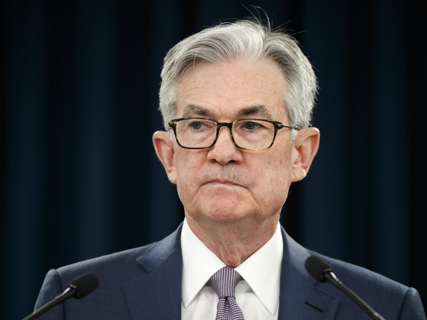 caption: Federal Reserve Chairman Jerome Powell pauses during a news conference in Washington earlier this month. The Fed announced late Wednesday a new lending facility to back money market mutual funds battered by the coronavirus crisis.