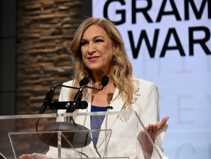 caption: The now-former Recording Academy president and CEO, Deborah Dugan, speaking in Nov. at the Grammy nomination press conference in New York City.