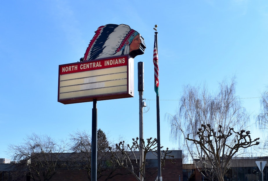 caption: After Washington state passed a new law in 2021 banning the use of Native American themes as mascots, the Spokane school district was prompted to change the mascot for North Central High School, previously the home of the Indians. In 2021, the school adopted the Wolf Pack as its new mascot. 