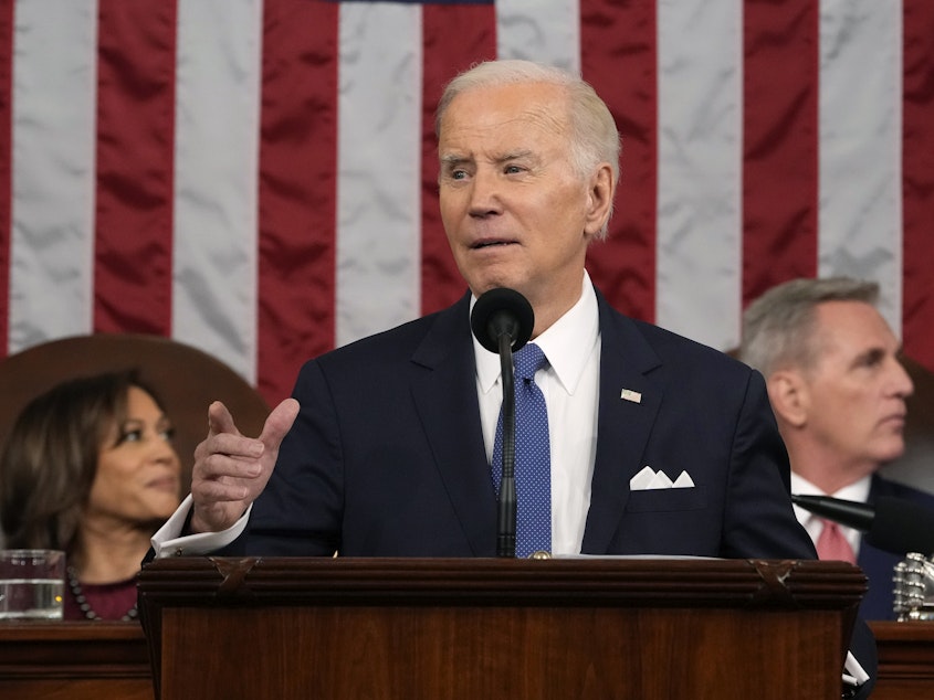caption: President Biden delivers the State of the Union address to a joint session of Congress on Feb. 7, 2023.