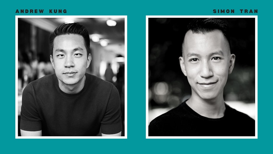caption: Photographer Andrew Kung (left) and storyteller Simon Tran.  Kung's portrait series, The All-American, explores and re-imagines Asian masculinity. See the series at apkung.com/the-all-american