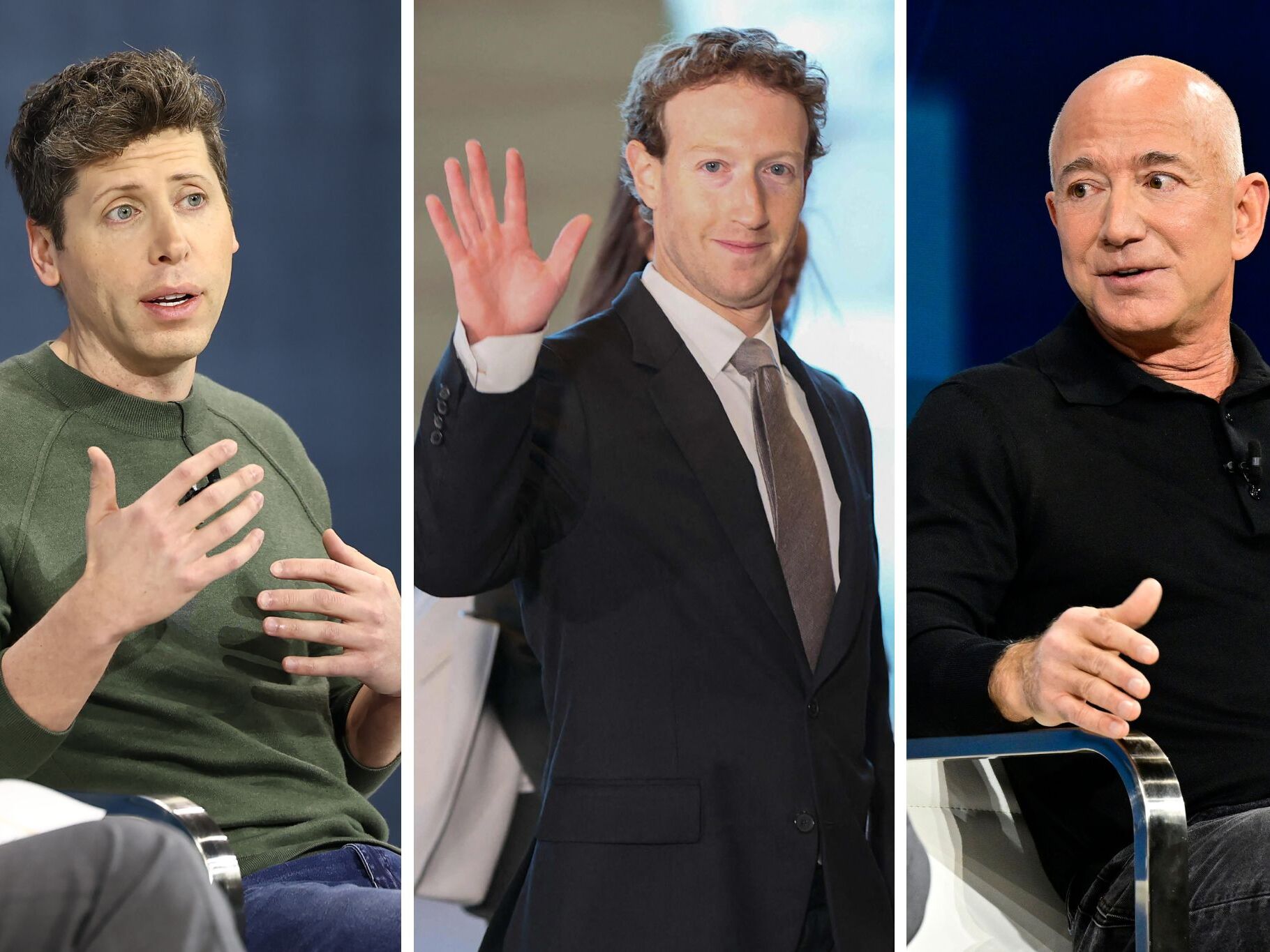 caption: From left to right, OpenAI CEO Sam Altman on Dec. 4 at <em>The</em> <em>New York Times</em> Dealbook Summit; Meta CEO Mark Zuckerberg on Feb. 27 in Tokyo; and Amazon CEO Jeff Bezos on Dec. 4 at <em>The</em> <em>New York Times</em> Dealbook Summit.