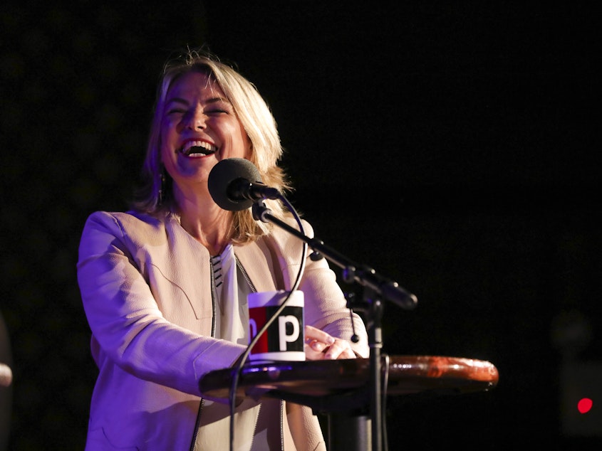 caption: Esther Perel appears on Ask Me Another at the Bell House in Brooklyn, New York