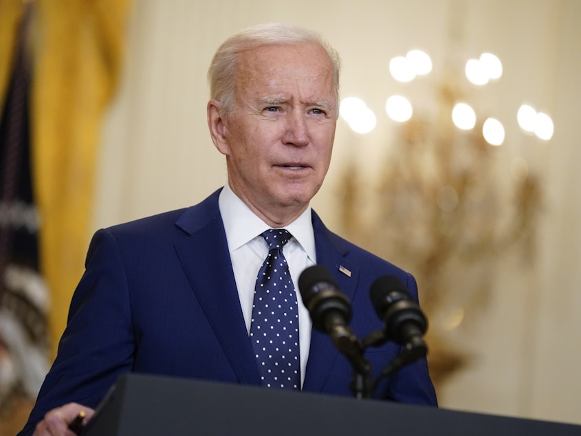 caption: President Biden, here at the White House on April 15, announced Monday that his administration is lifting the ceiling on the number of refugees who can be admitted into the country this fiscal year.