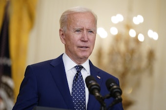 caption: President Biden, here at the White House on April 15, announced Monday that his administration is lifting the ceiling on the number of refugees who can be admitted into the country this fiscal year.