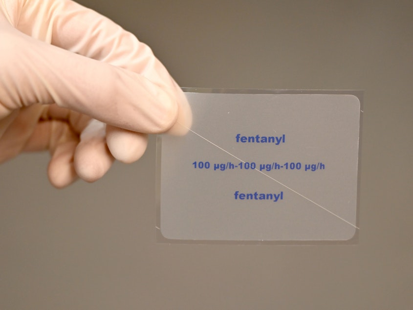 caption: A patch containing the active ingredient Fentanyl is shown by a pharmacist. The painkiller fentanyl, which can be up to 100 times stronger than heroin, is a growing cause of overdose deaths in the U.S., according to the DEA.