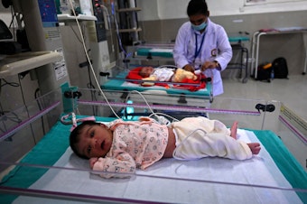 caption: The population of Earth will hit 8 billion on Nov. 15, according to predictions by the United Nations Population Fund. And next year, India is expected to surpass China as the most populous country. In this photo, taken on Oct. 13, newborn babies rest inside a newborn care unit at a hospital in Amritsar.