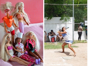 caption: Left to right: Barbies in India; Maya softball players in Mexico; walking on a frozen fountain in the mountains of Pakistan, where efforts are underway to revive the ancient art of glacier mating.