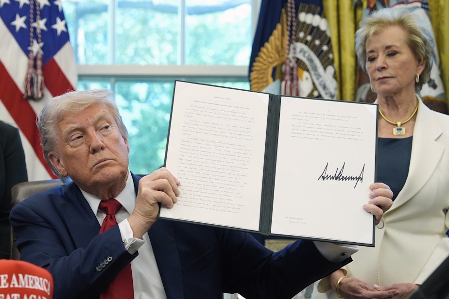 caption: President Donald Trump holds a signed an executive order relating to school discipline policies as Education Secretary Linda McMahon listens in the Oval Office of the White House, April 23, 2025, in Washington. (AP Photo/Alex Brandon, file)