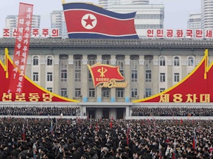 caption: A mass rally is held in Pyongyang in January to celebrate Kim Jong Un's election as general secretary of the Workers' Party of Korea. On Thursday, Kim referred to "many obstacles and difficulties ahead of us."