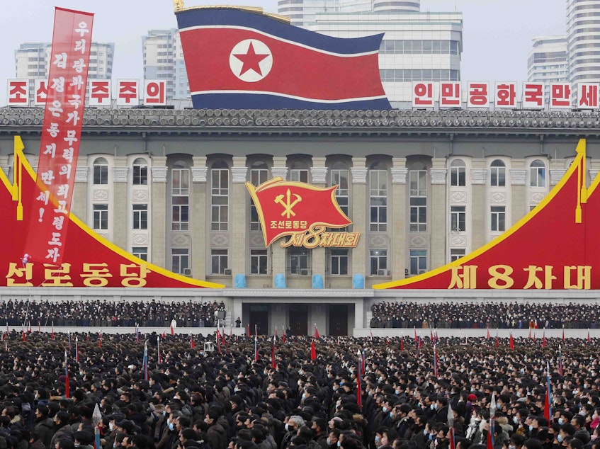 caption: A mass rally is held in Pyongyang in January to celebrate Kim Jong Un's election as general secretary of the Workers' Party of Korea. On Thursday, Kim referred to "many obstacles and difficulties ahead of us."