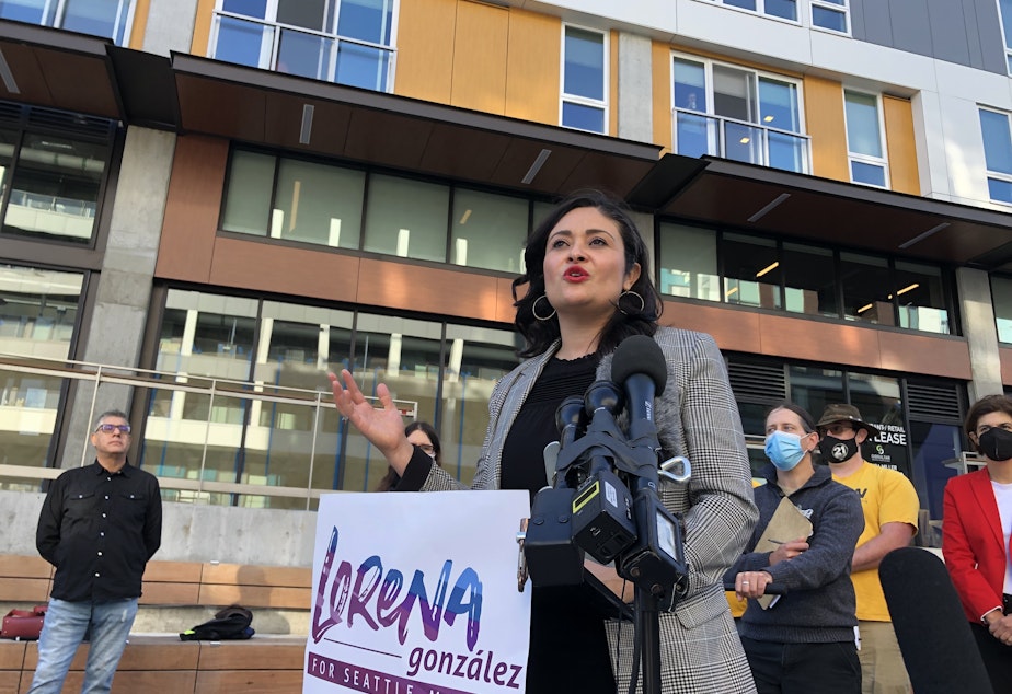 caption: Lorena Gonzalez and her supporters described her proposals to address Seattle's homelessness crisis on Capitol Hill Thursday, Sept. 24, 2021. 
