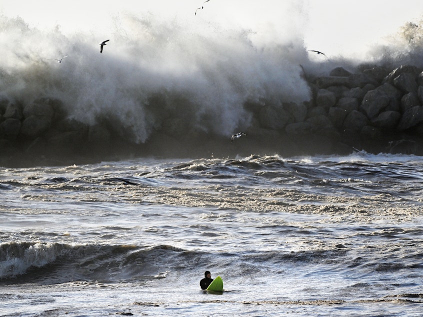 caption: A series of storms brought massive, damaging waves to much of the California coast earlier this year. The pier in Ventura, Calif. was damaged by the waves.