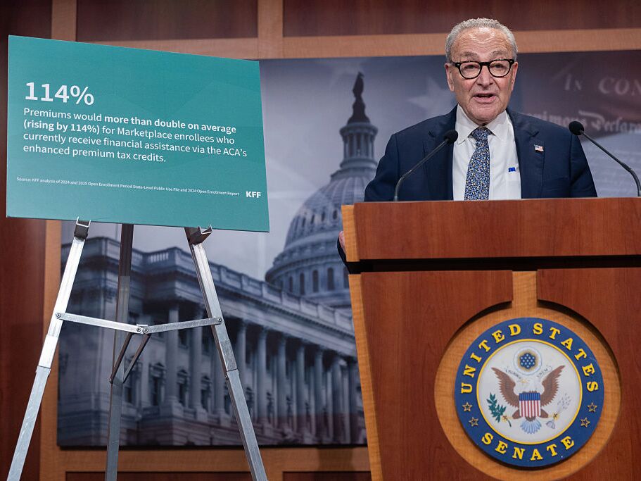 caption: Senate Minority Leader Chuck Schumer, D-N.Y., speaks at a press conference in Washington, D.C., on Tuesday with other members of Senate Democratic leadership following two failed votes to fund the government.