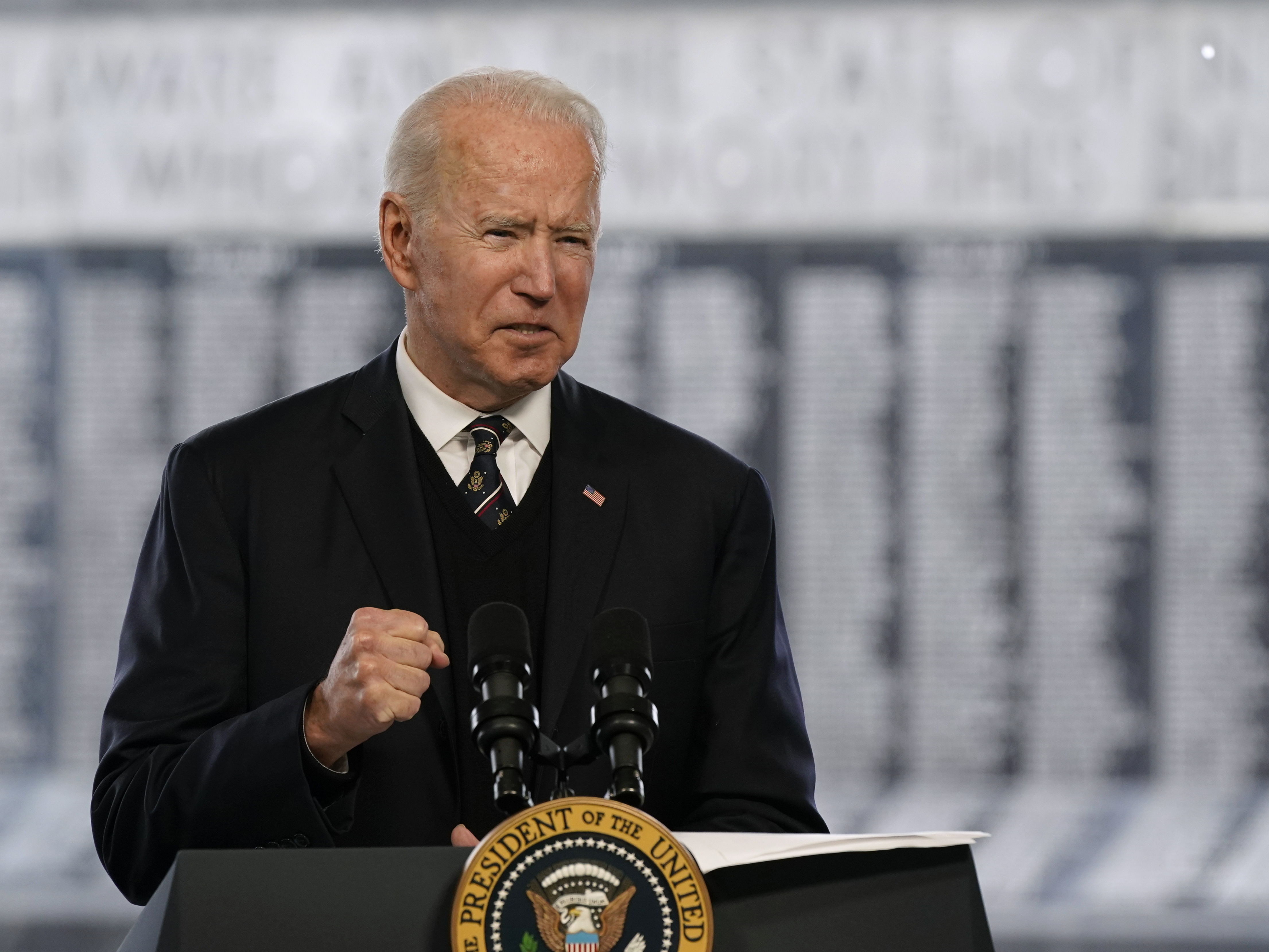 caption: President Joe Biden spoke in observance of Memorial Day from New Castle, Del., Sunday.