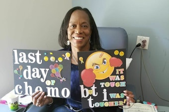 caption: Denise Lee on her last day of chemo. In addition to chemo and surgery, she was treated with immunotherapy. She's currently in remission.