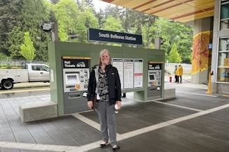 caption: King County Councilmember Claudia Balducci at the South Bellevue Station, a new light rail station that opened April 19, 2024. 
