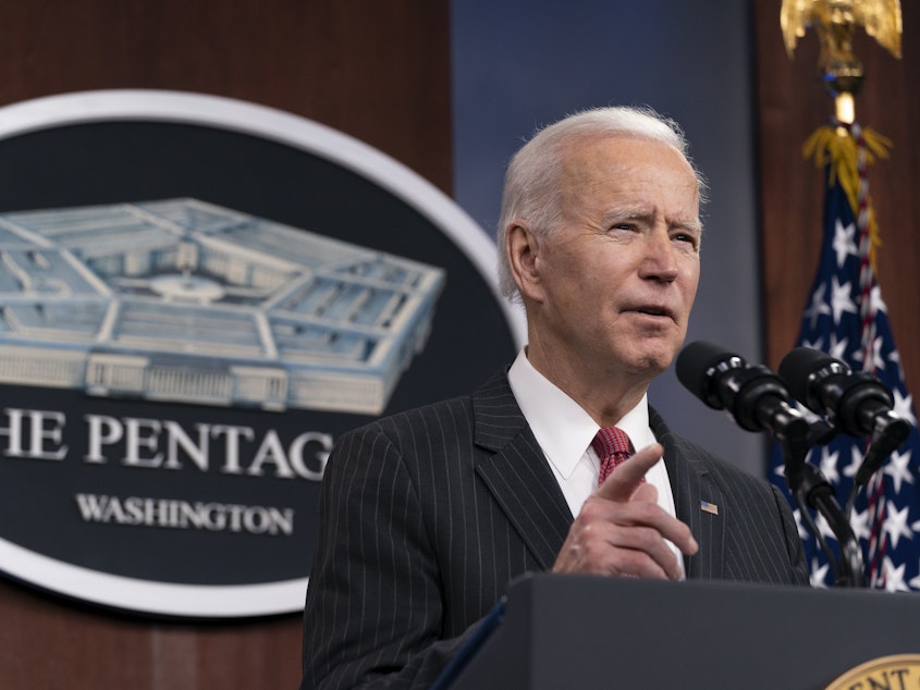 caption: President Biden announced a task force on China issues during his first trip as president to the Pentagon on Wednesday.