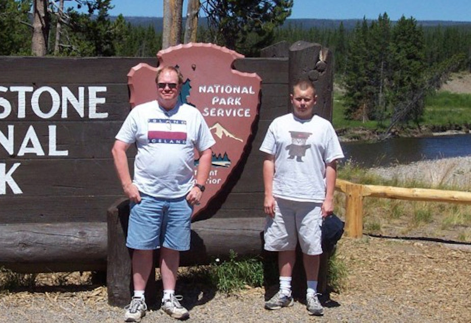 caption: Jim Hamre (left) and Zack Willhoite are shown in a photo taken at Yellowstone National Park in 2005.
