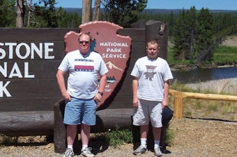 caption: Jim Hamre (left) and Zack Willhoite are shown in a photo taken at Yellowstone National Park in 2005.