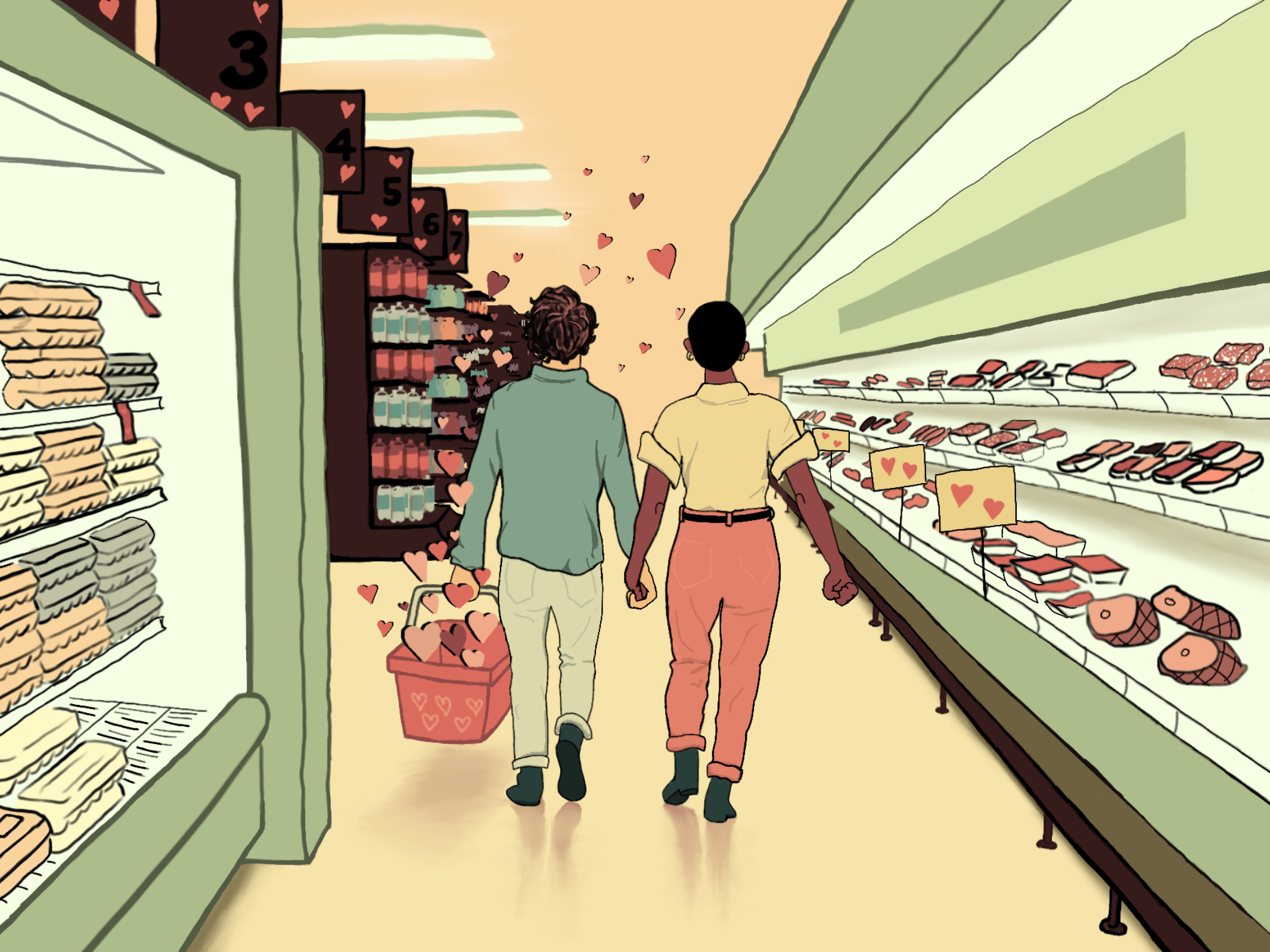 A couple surrounded by cartoon hearts holds hands and walks through a grocery store.