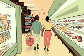 A couple surrounded by cartoon hearts holds hands and walks through a grocery store.
