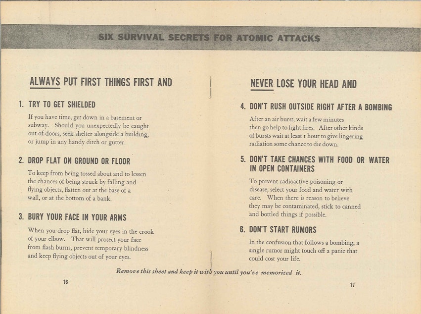 caption: Six survival secrets for atomic attack, 1950, from pamphlet "Survival Under Atomic Attack" published by the National Security Resources Board.