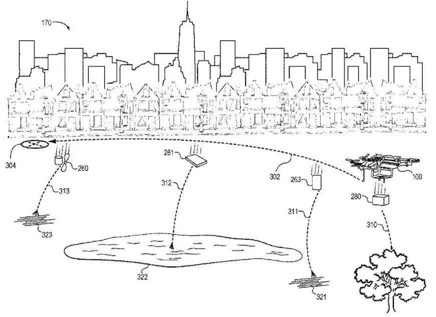 caption: In this patent application diagram, an Amazon drone jettisons pieces of itself in relatively safe locations to reduce potential harm when it crashes
