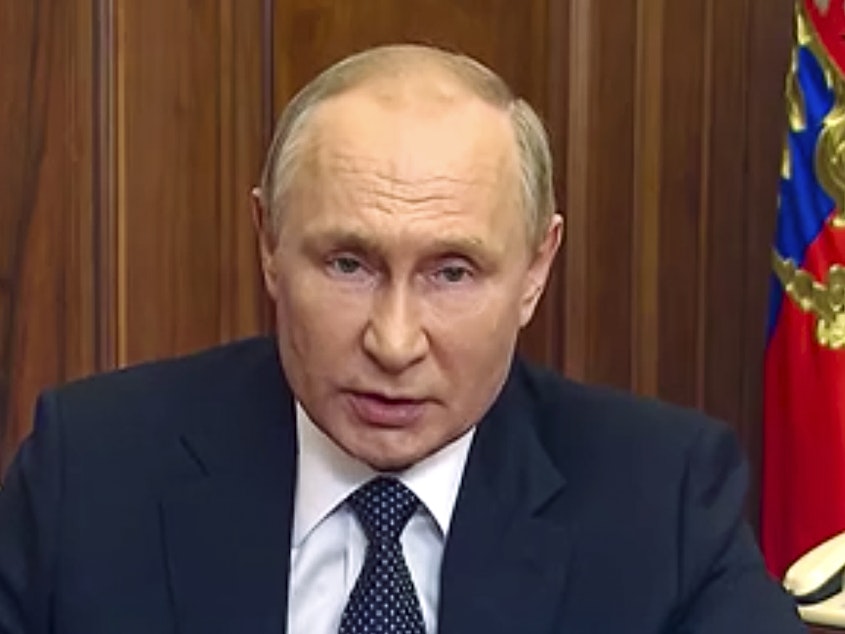 caption: In this image made from video released by the Russian Presidential Press Service, Russian President Vladimir Putin addresses the nation in Moscow, Russia, Sept. 21, 2022.