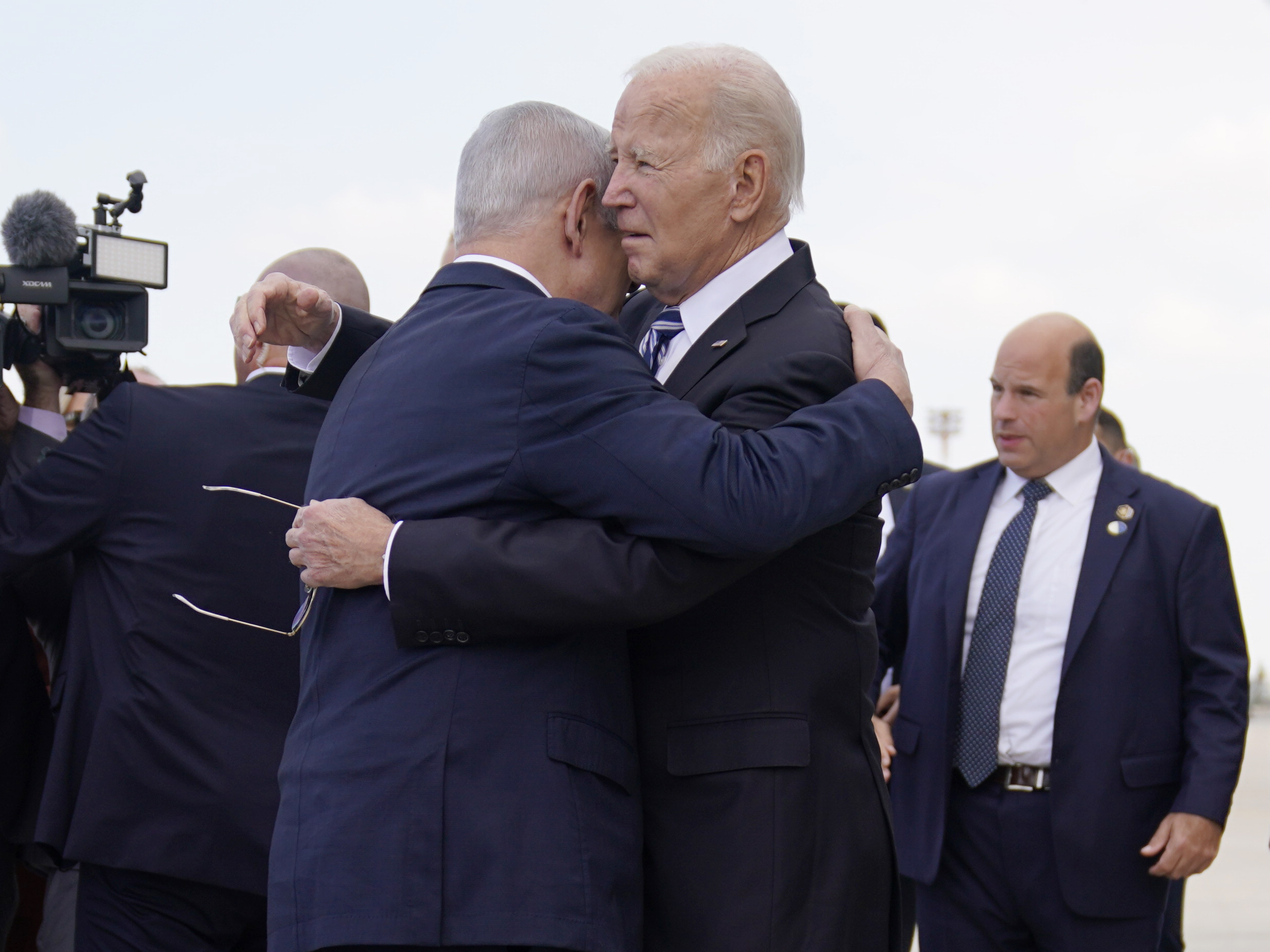 caption: President Biden greets Israeli Prime Minister Benjamin Netanyahu at Ben Gurion International Airport on Wednesday, Oct. 18, 2023, in Tel Aviv.