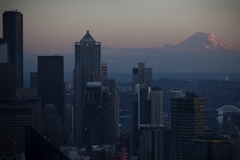 caption: A view of Mount Rainier is shown from the Space Needle on Monday, November 6, 2017, in Seattle.