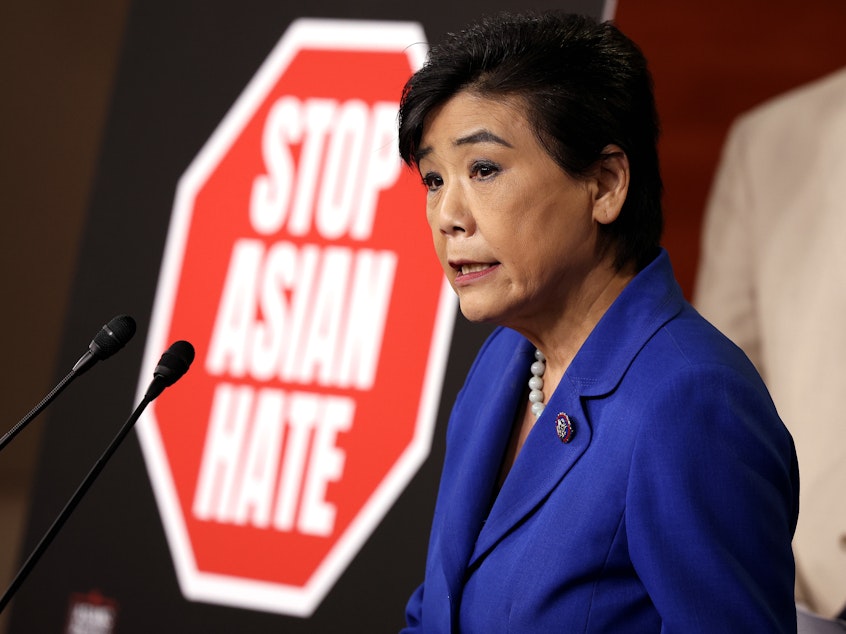 caption: Rep. Judy Chu, D-Calif., is seen speaking on the COVID-19 Hate Crimes Act ahead of its passage at the U.S. Capitol on Tuesday.
