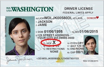 caption: A sample of the new potential driver's licenses with an X, rather than an M or F.