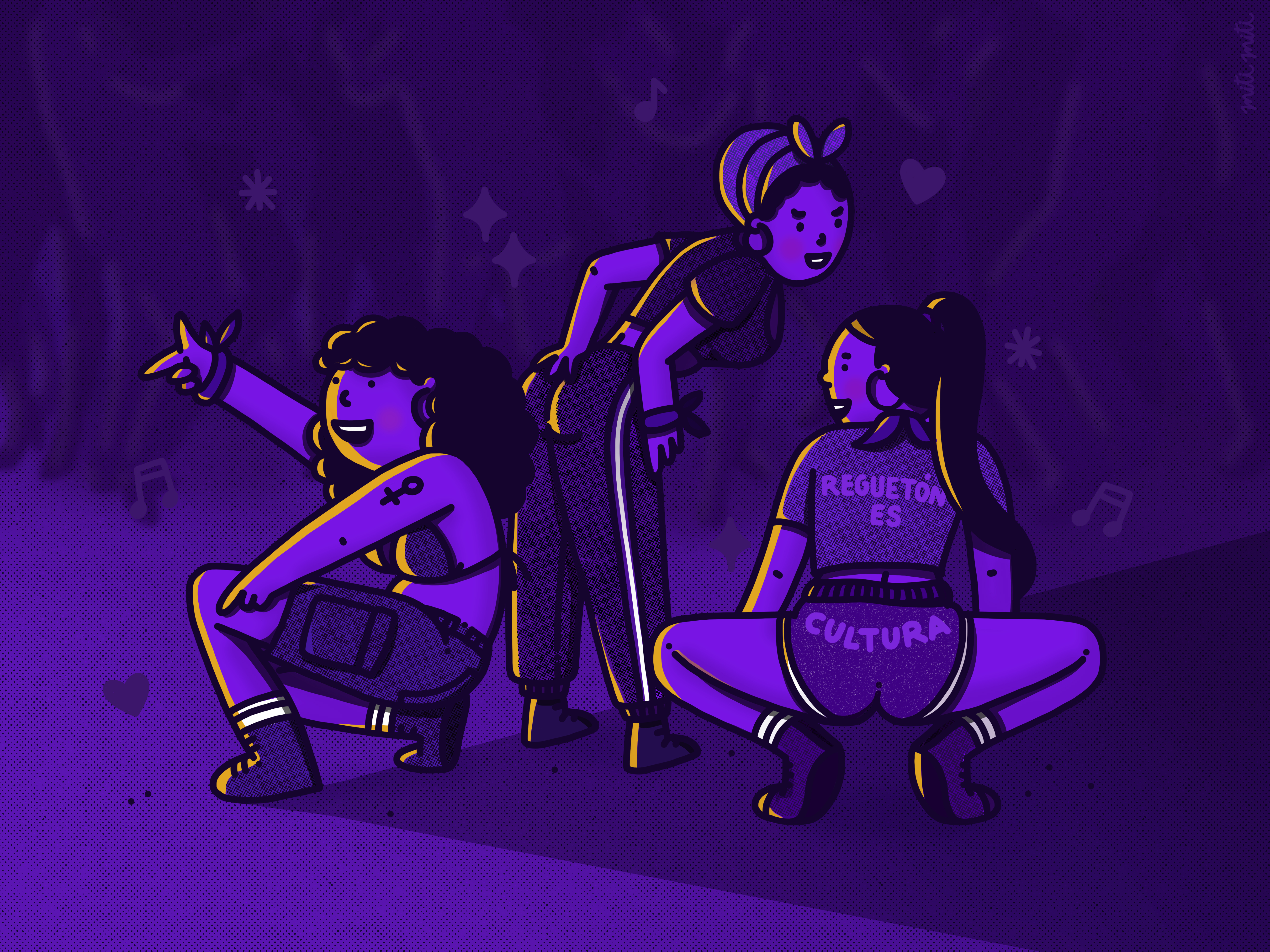 An illustration of three women dancing to reggaeton music while one of them wears a shirt that says "Reggaeton is culture"
