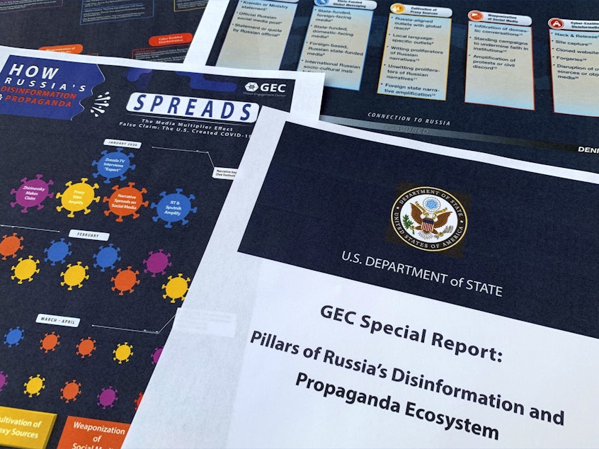 caption: A State Department report on Russian online operations to promote conspiracy theories and misinformation. Some analysts also warn of "perception hacks," when relatively small-scale hacks are uncovered and then widely discussed by government officials, news organizations and on social media.