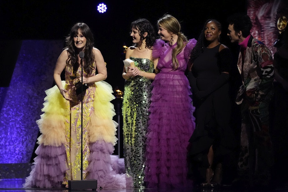 caption: Sara Gazarek, from left, Erin Bentlage, Amanda Taylor, Johnaye Kendrick and Jacob Collier accept the award for best arrangement, instruments and vocals for "In the Wee Small Hours of the Morning" - Saje featuring Jacob Collier during the 66th annual Grammy Awards on Sunday, Feb. 4, 2024, in Los Angeles. 