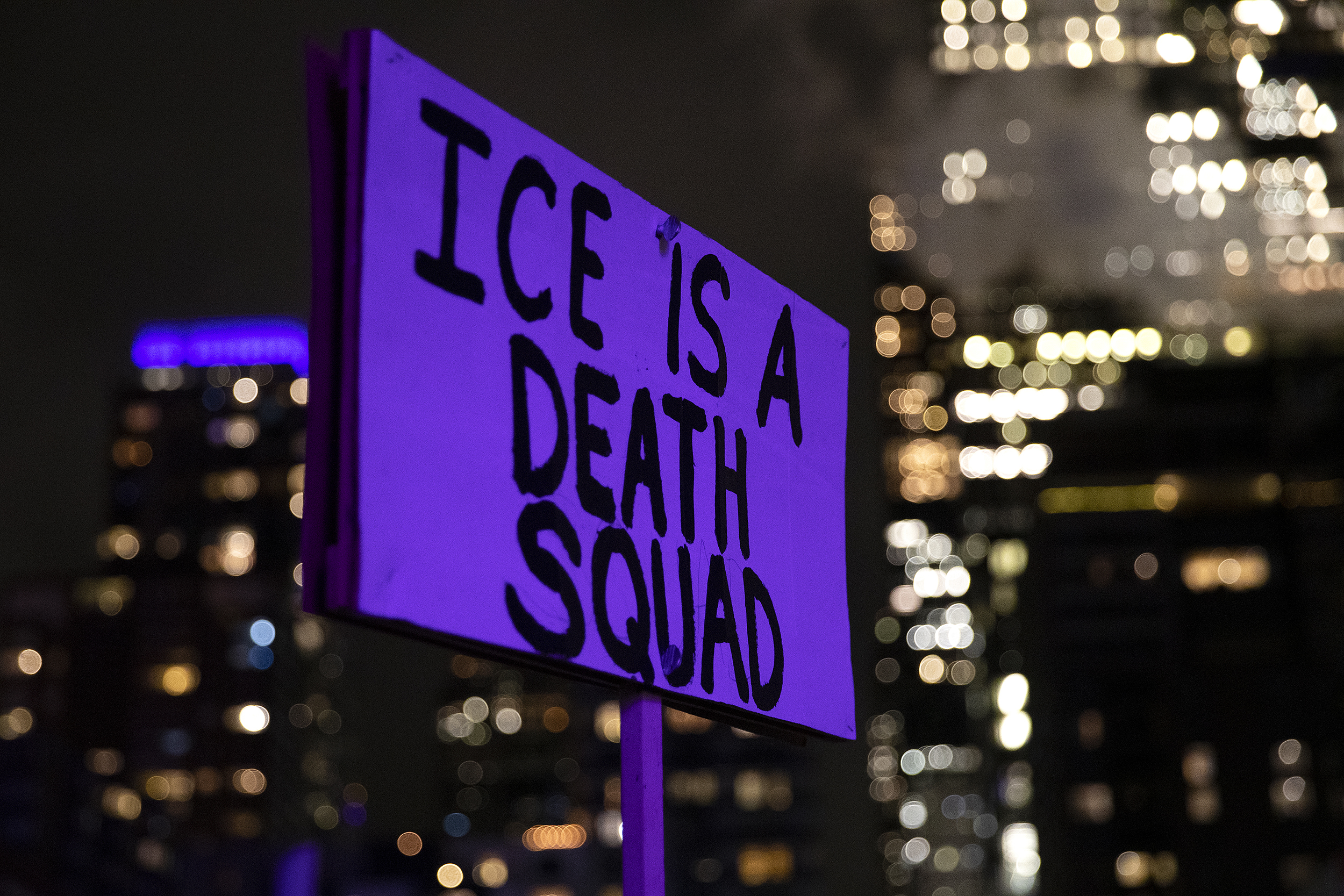 caption: ‘ICE is a Death Squad,’ reads a sign during a vigil for Renee Nicole Good on Thursday, January 8, 2026, at Pier 58 in Seattle. 
