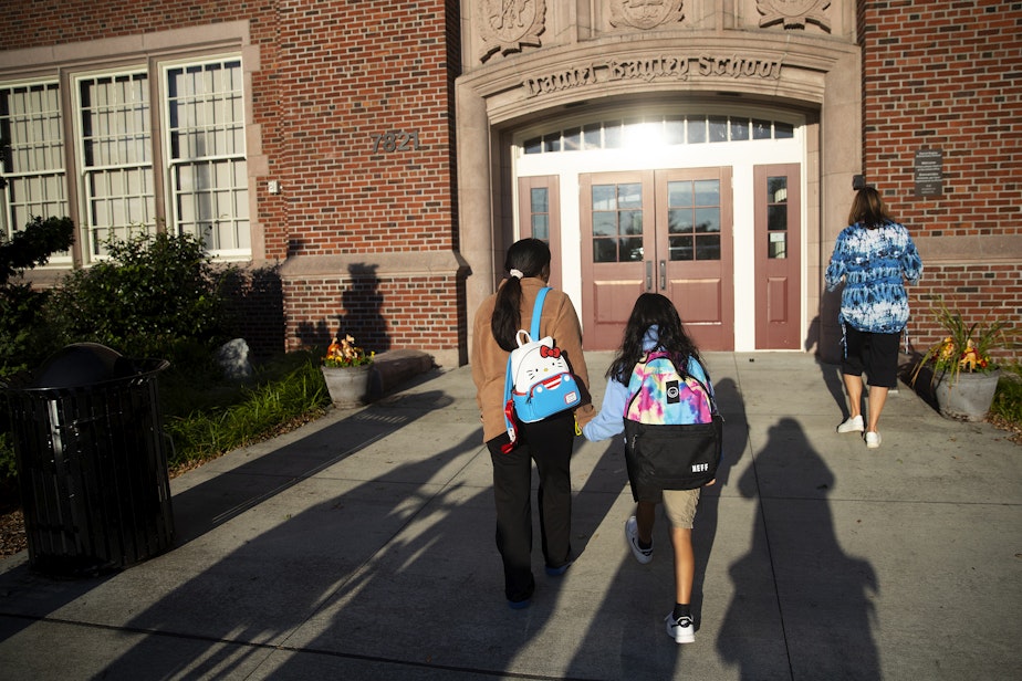 caption: Students arrive for the first day of school on Wednesday, Sept 6, 202.3, at Daniel Bagley Elementary School in Seattle. 