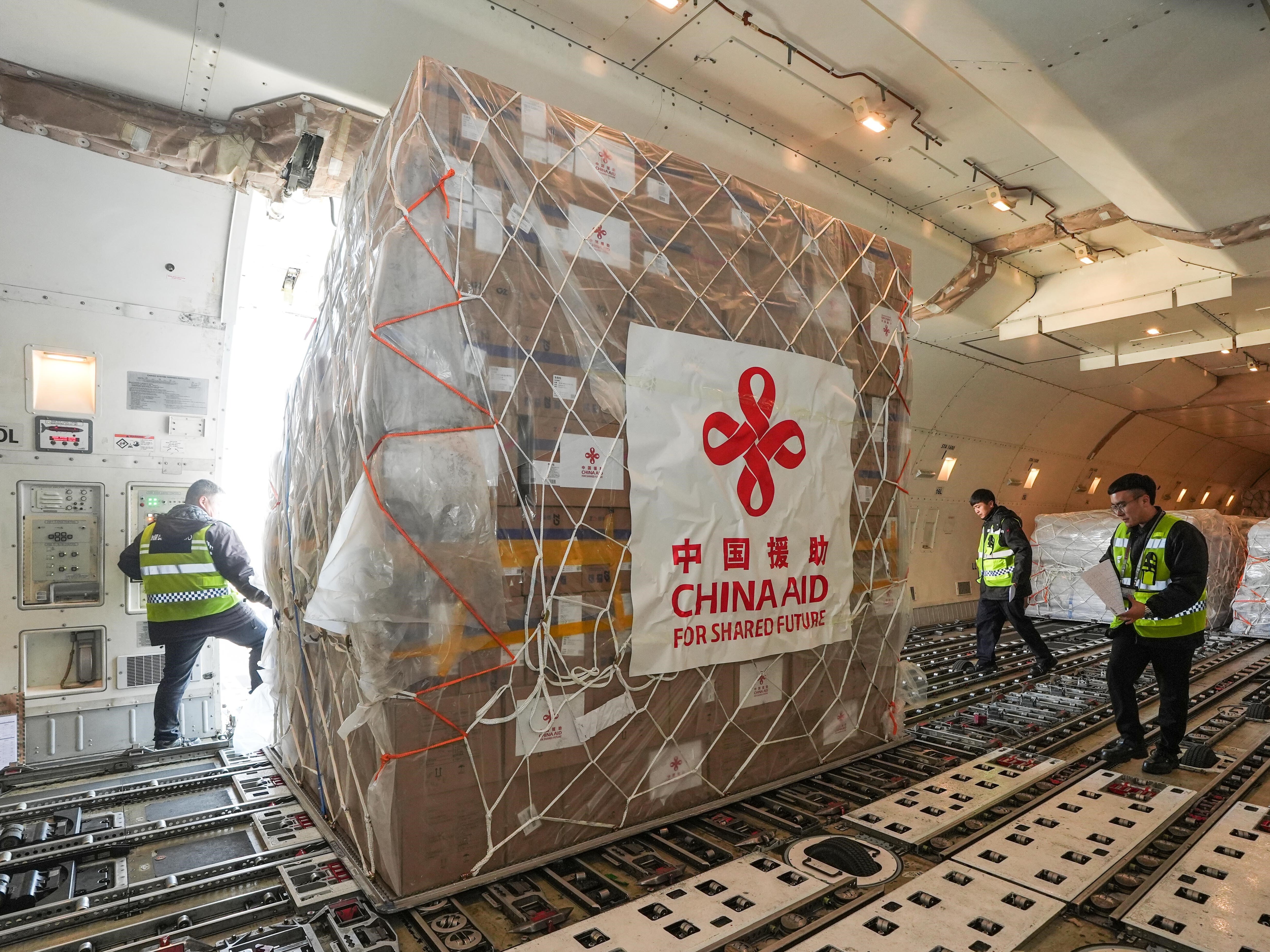 caption: China's first batch of emergency humanitarian aid to Myanmar is loaded onto an airplane in Beijing in March, 2025. In response to a request from the Myanmar government, China gave emergency humanitarian aid to support earthquake relief efforts.