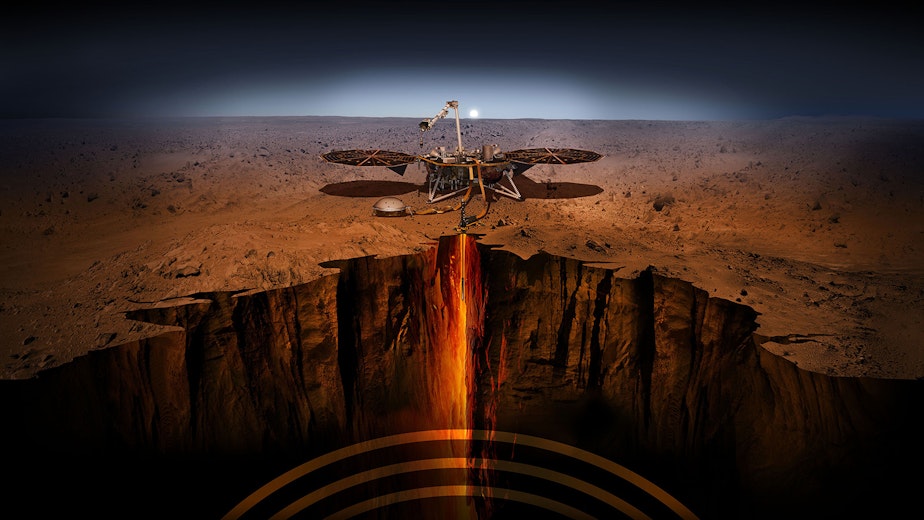 caption: An artist illustration of the InSight lander on Mars.