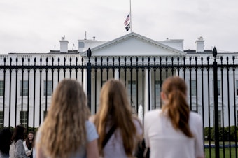 caption: Visitors look upon the White House as the US flag flies at half mast following a school shooting in Nashville, Tennessee last March.
