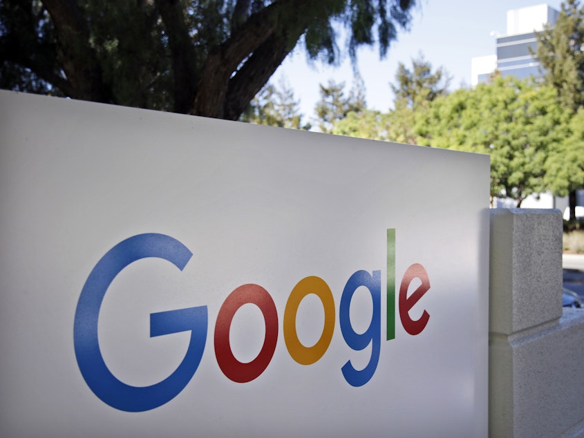 caption: A sign outside Google headquarters in Mountain View, Calif. The tech giant is planning to build a campus in San Jose, Calif.