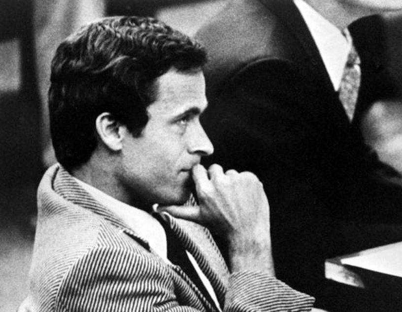 caption: Ted Bundy in court in 1979.