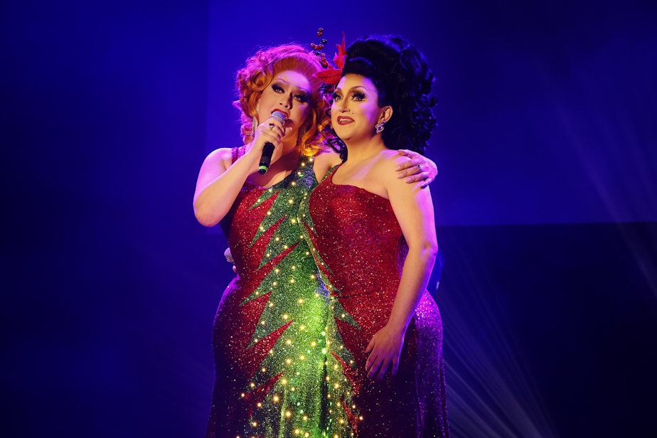 caption: Jinkx Monsoon and BenDeLaCreme return to Seattle for their holiday show on Dec. 21, 2022. 