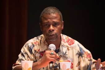 caption: Donald Morehead talks about life as a homeless person in Seattle at an event from Seattle Public Library and KUOW on June 3, 2016.
