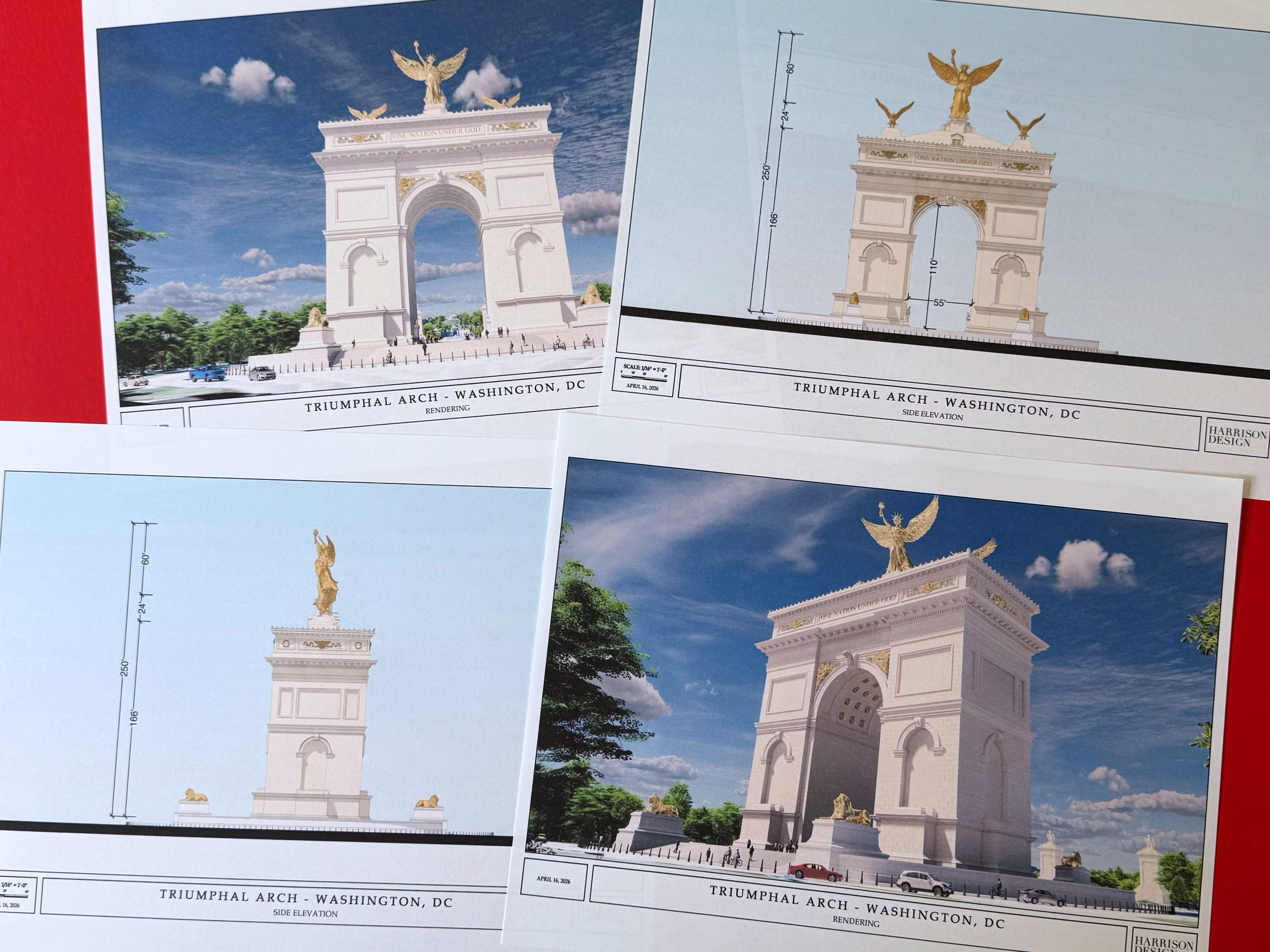 caption: Artist renderings and diagrams for President Trump's proposed triumphal arch released by the U.S. Commission of Fine Arts on April 10, 2026.