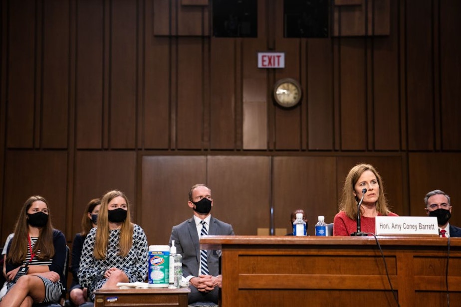 caption: Supreme Court nominee Judge Amy Coney Barrett testifies during day two of the Senate Judiciary Committee hearing on Capitol Hill in Washington October 13, 2020. (Demetrius Freeman/AFP via Getty Images)