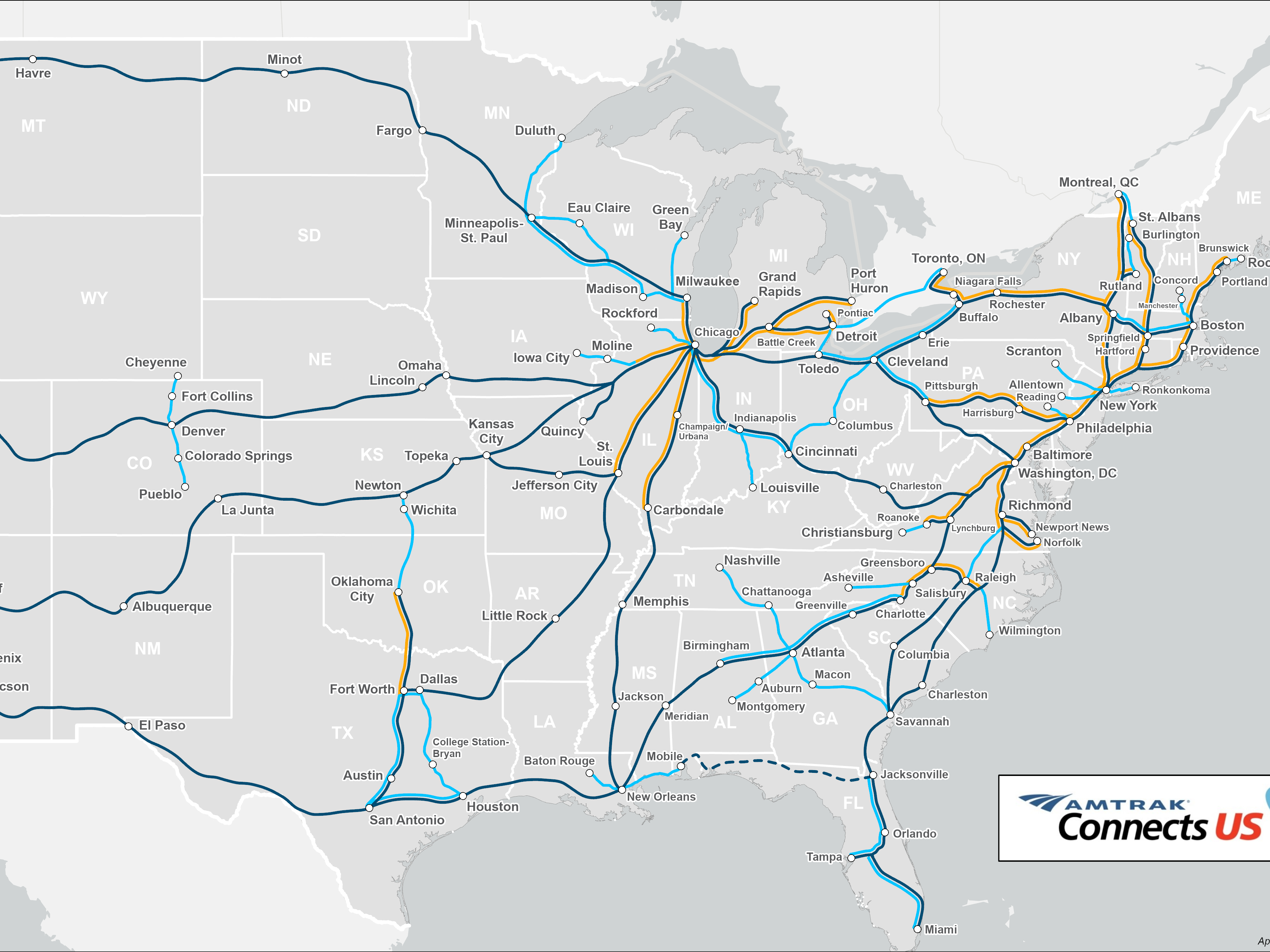 caption: Amtrak has proposed a plan for new and enhanced rail connections across the United States.